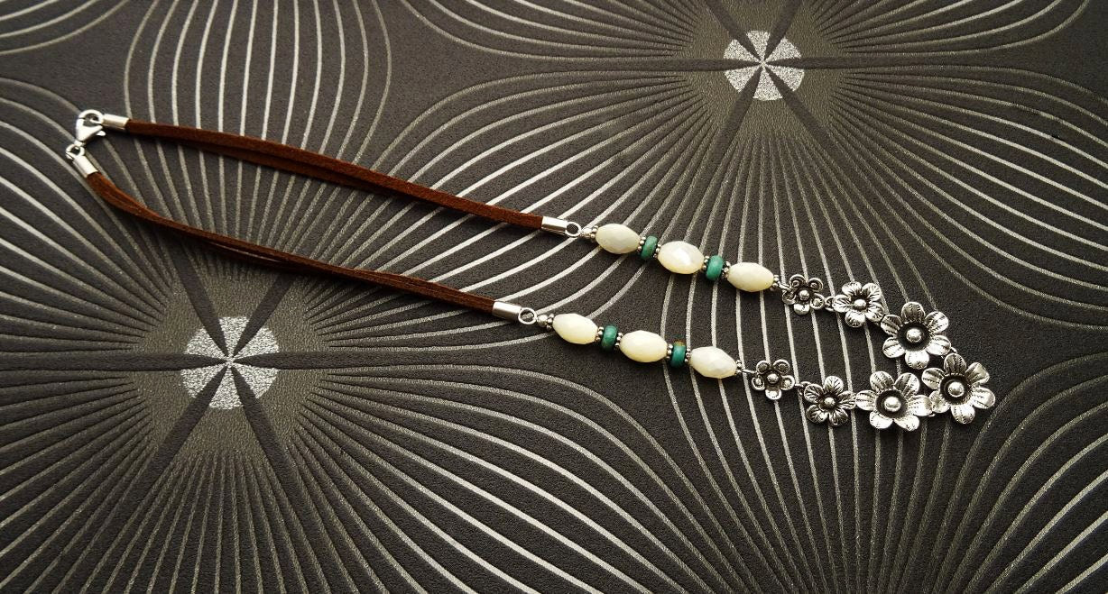 Flowers Necklace, Sterling Silver, Brown Leather Cord, White Oval Shell and Turquoise Beads, Boho Country Flower Engraved Design