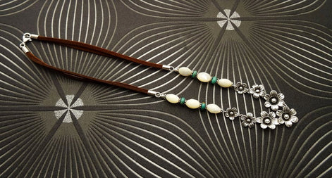 Flowers Necklace, Sterling Silver, Brown Leather Cord, White Oval Shell and Turquoise Beads, Boho Country Flower Engraved Design