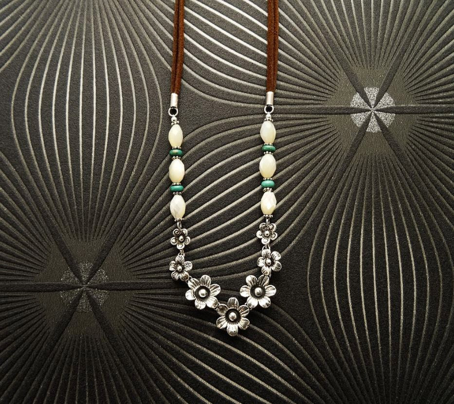 Flowers Necklace, Sterling Silver, Brown Leather Cord, White Oval Shell and Turquoise Beads, Boho Country Flower Engraved Design