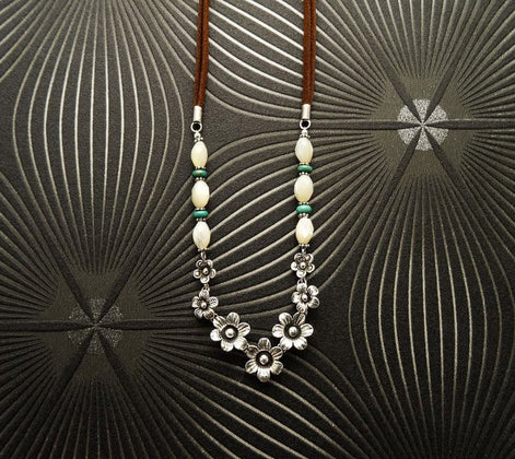 Flowers Necklace, Sterling Silver, Brown Leather Cord, White Oval Shell and Turquoise Beads, Boho Country Flower Engraved Design