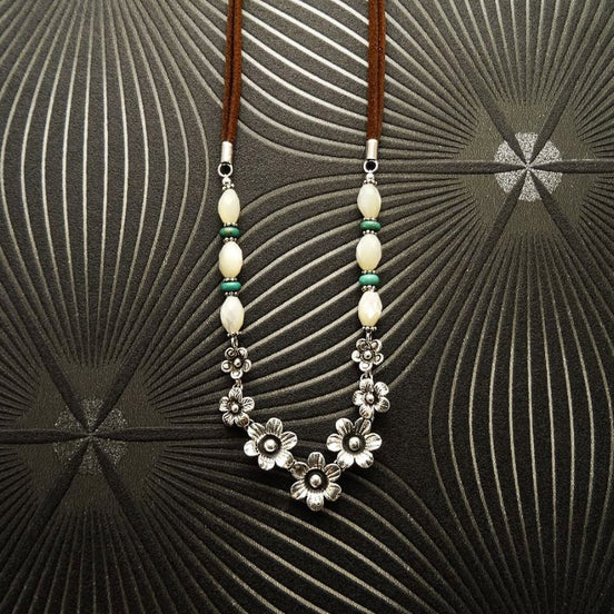 Flowers Necklace, Sterling Silver, Brown Leather Cord, White Oval Shell and Turquoise Beads, Boho Country Flower Engraved Design
