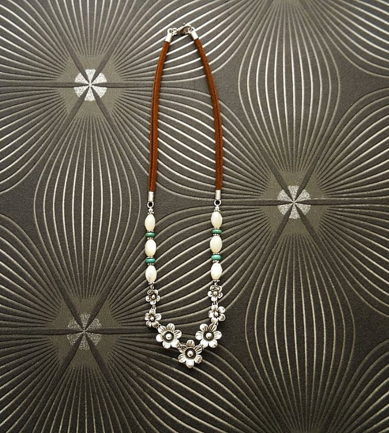 Flowers Necklace, Sterling Silver, Brown Leather Cord, White Oval Shell and Turquoise Beads, Boho Country Flower Engraved Design