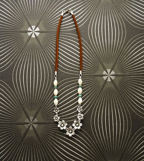 Flowers Necklace, Sterling Silver, Brown Leather Cord, White Oval Shell and Turquoise Beads, Boho Country Flower Engraved Design