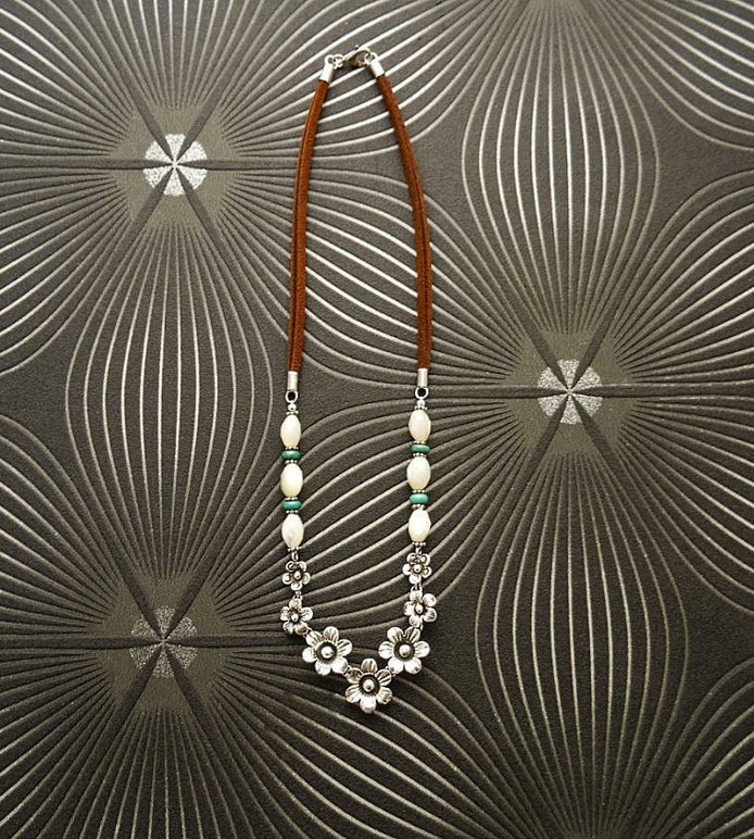 Flowers Necklace, Sterling Silver, Brown Leather Cord, White Oval Shell and Turquoise Beads, Boho Country Flower Engraved Design
