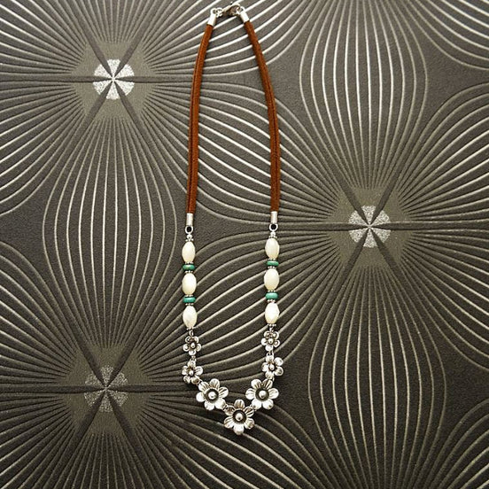 Flowers Necklace, Sterling Silver, Brown Leather Cord, White Oval Shell and Turquoise Beads, Boho Country Flower Engraved Design