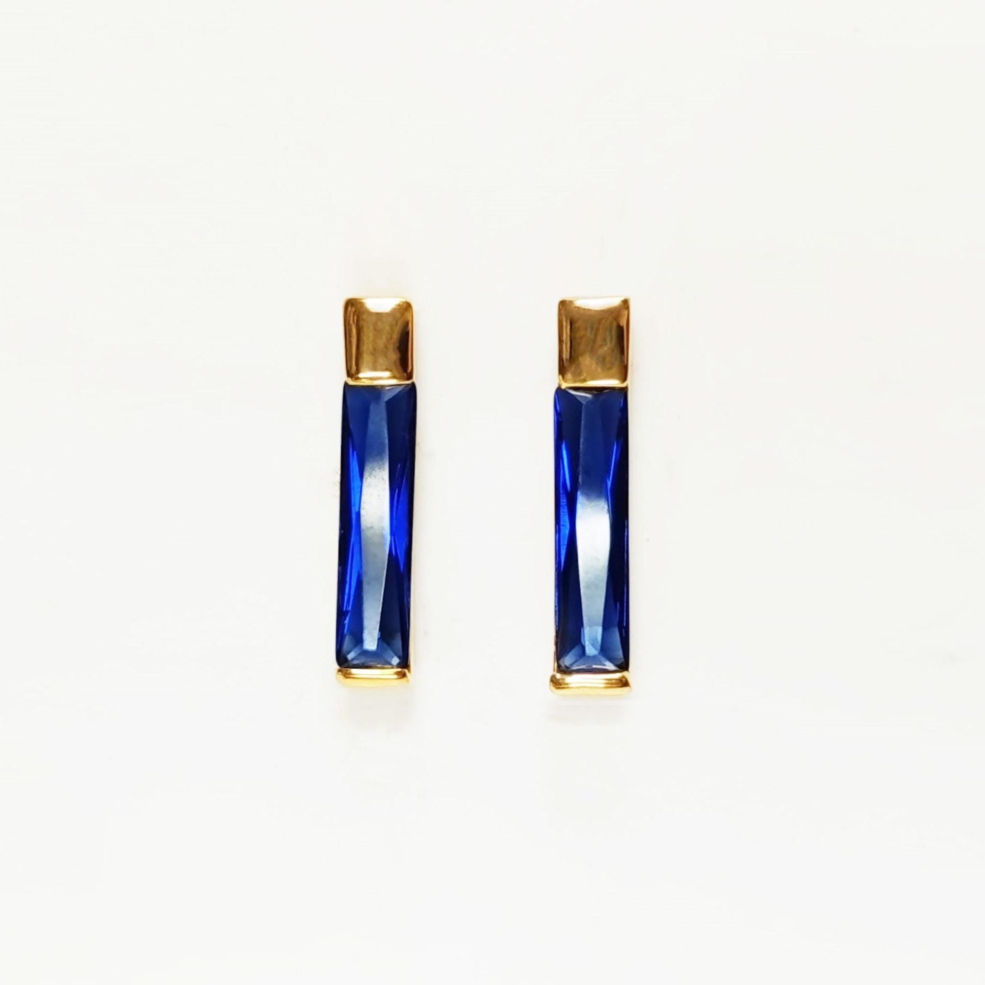LONG Stone Earrings • Gold Plated 18K •Blue, Purple, White, Olive or Orange Color Cz Studs • Minimalist Timeless Jewelry. RECTANGLE earrings