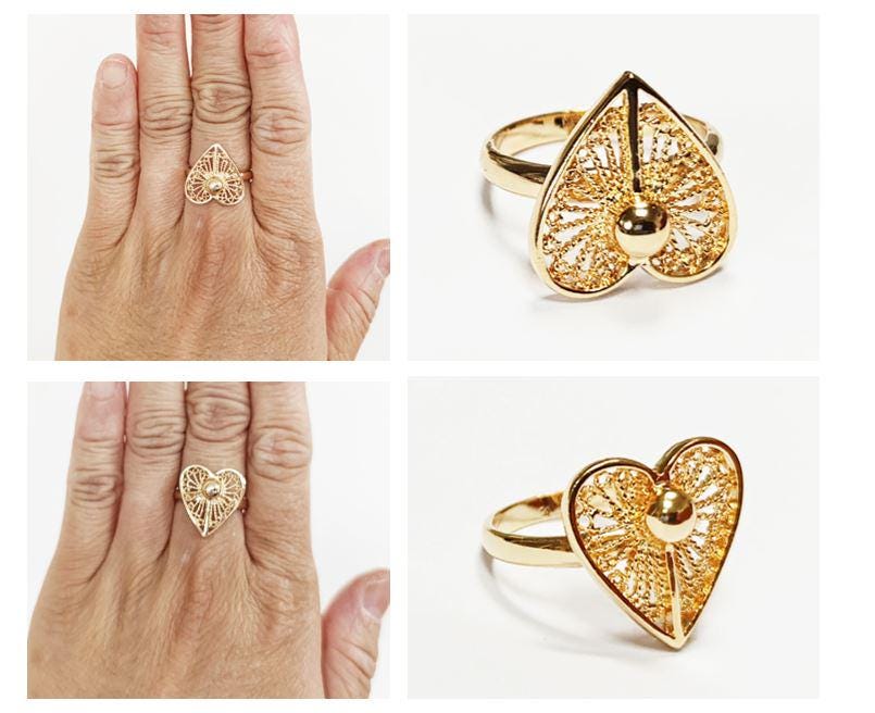 Handmade 18K Gold Plated Heart Ring • Elegant Filigree Lace