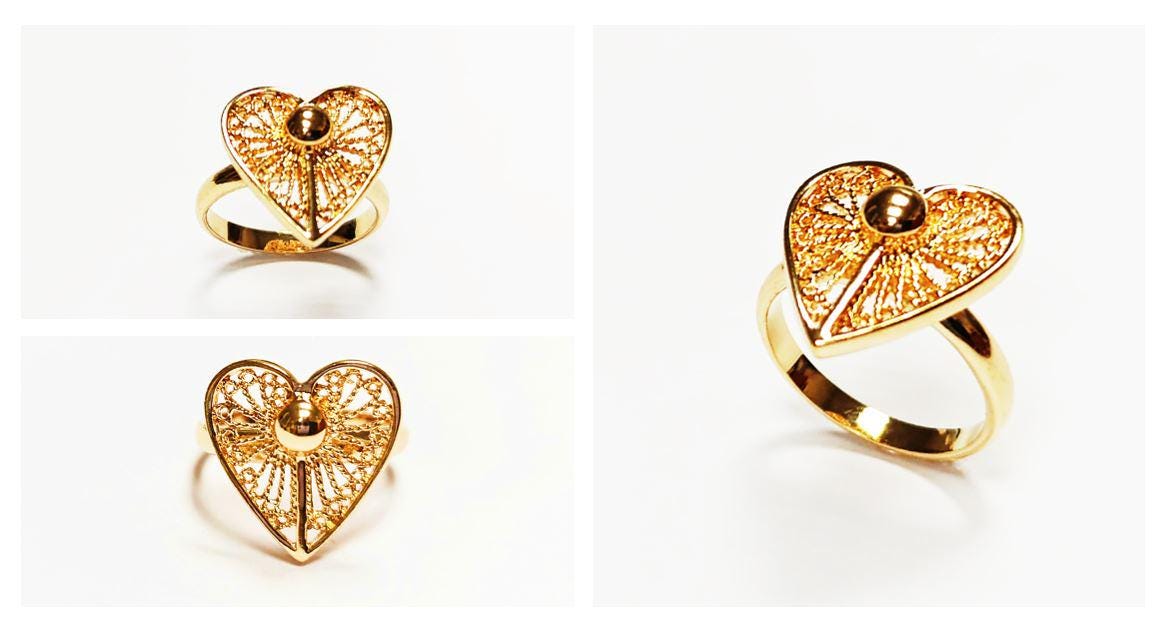 Handmade 18K Gold Plated Heart Ring • Elegant Filigree Lace