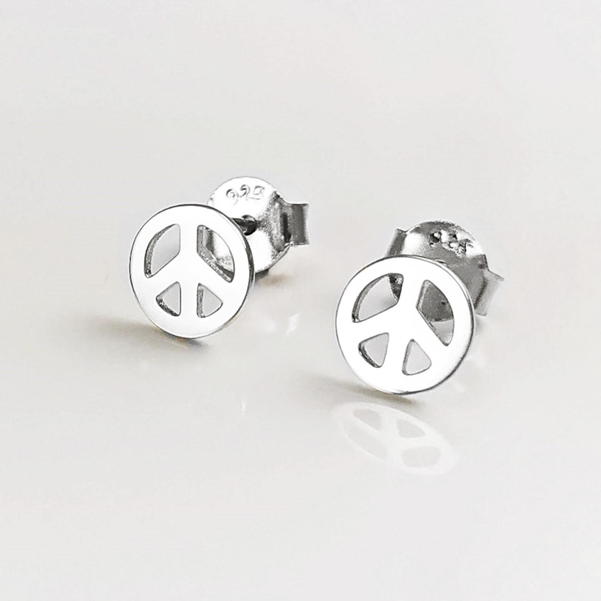 Sterling Silver Peace Love Stud Earrings, Boho Hipster Icon 70's Jewelry