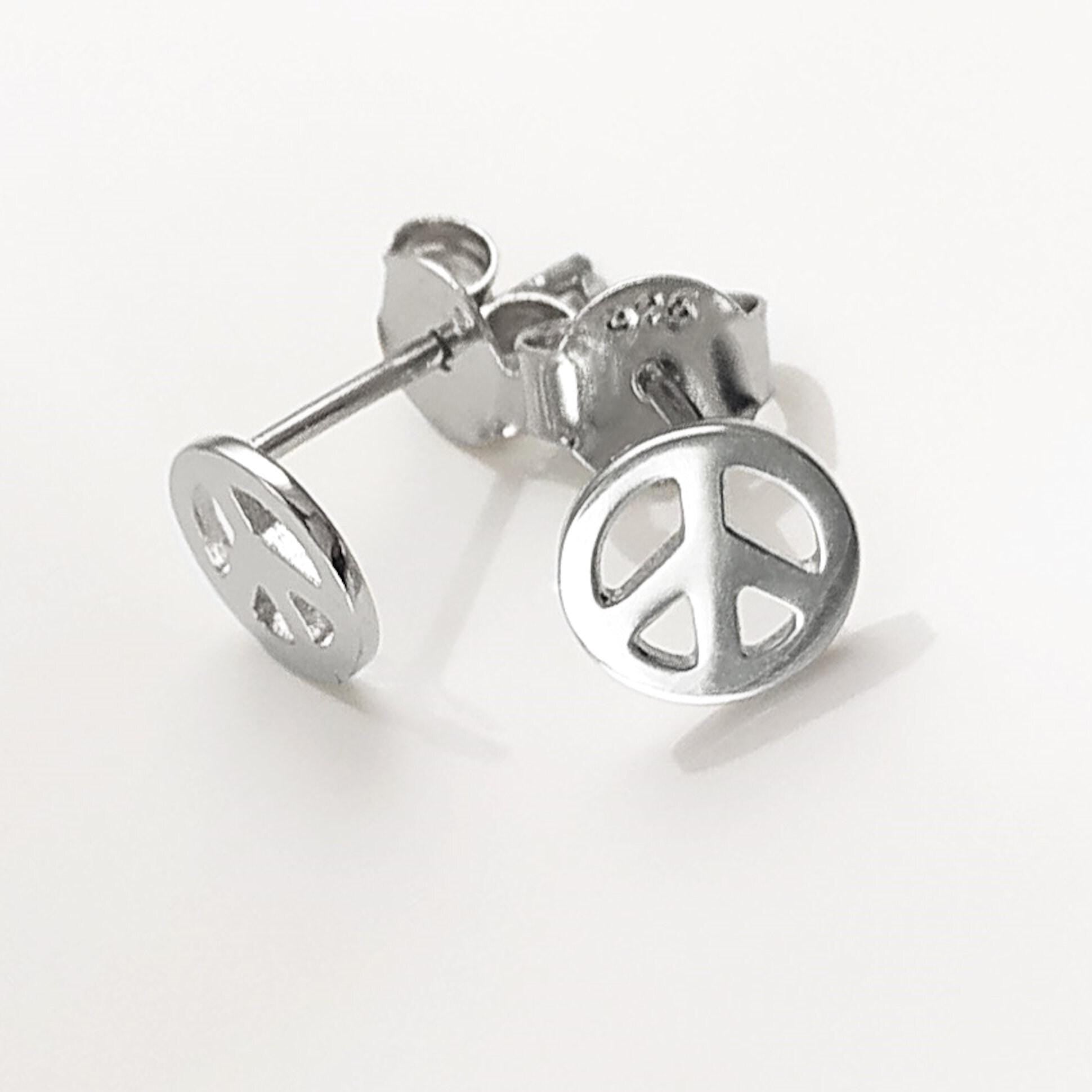 Sterling Silver Peace Love Stud Earrings, Boho Hipster Icon 70's Jewelry