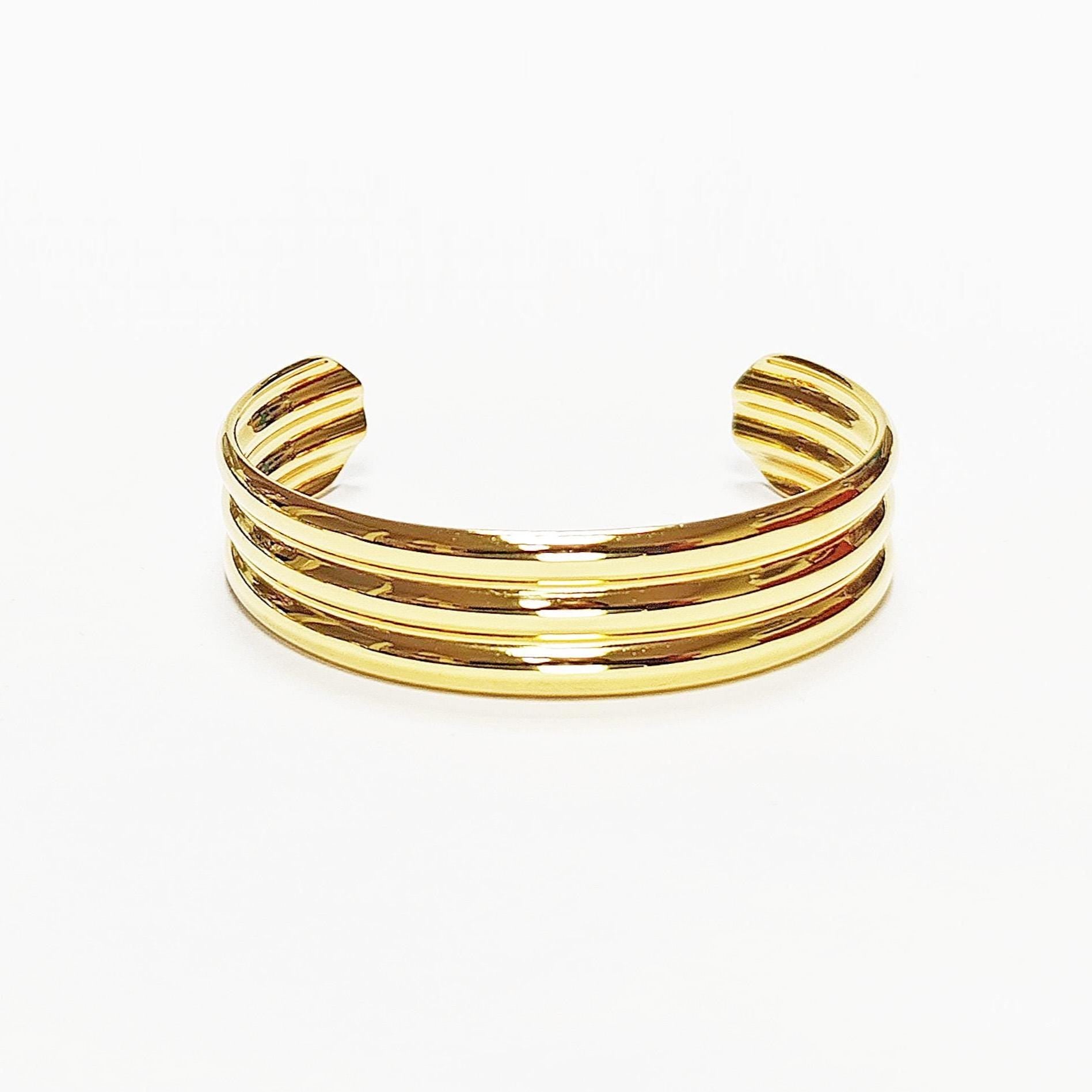 Triple Row Gold Cuff • 18K Gold Filled • Modern Stacked Three Rows Band Lines Open Bangle • Statement Minimalist Jewelry • Gift for Women
