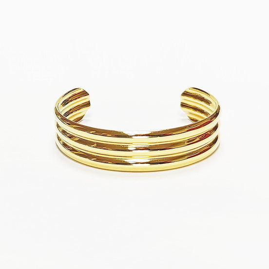 Triple Row Gold Cuff • 18K Gold Filled • Modern Stacked Three Rows Band Lines Open Bangle • Statement Minimalist Jewelry • Gift for Women