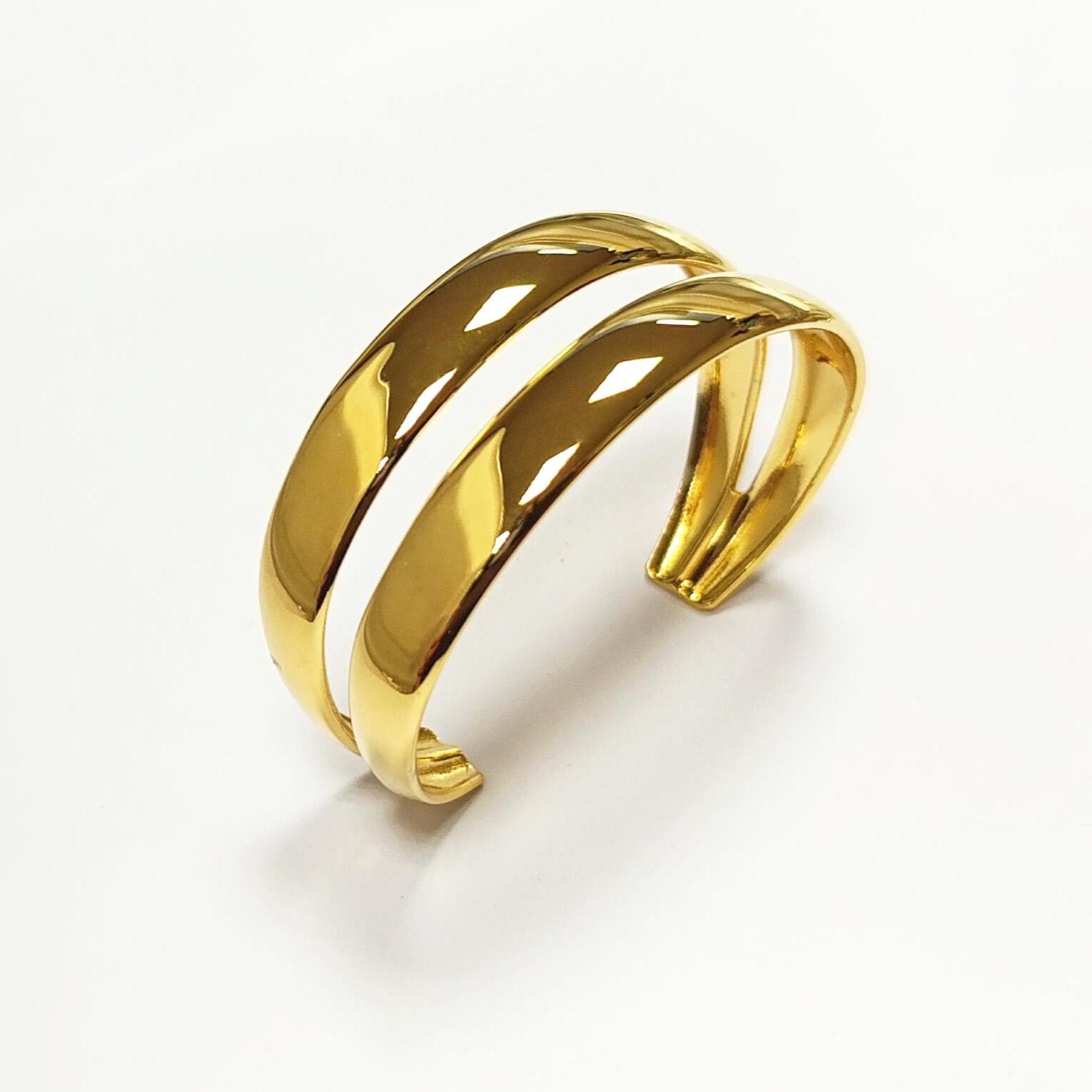 Double Row Gold Cuff • 18K Gold Filled • Modern Stacked Two Rows Band Lines Open Bangle • Statement Minimalist Jewelry • Gift for Women