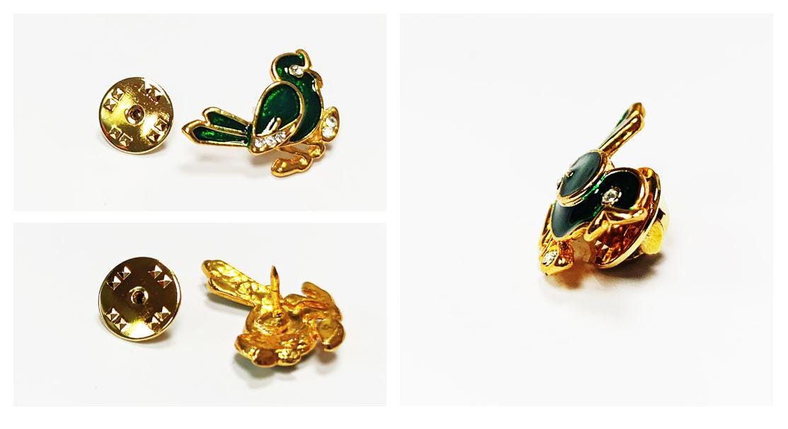 Green Enamel Sparrow Pin • Gilding Gold Bird Brooch