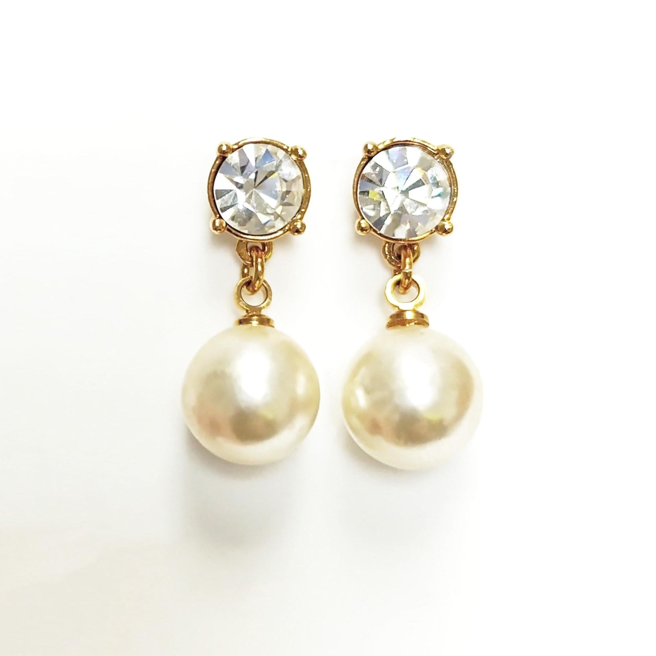 Elegant Crystal and Pearl Drop Earrings by KRAMIKE • 18K Gold-Plated • 10MM Pearl Jewelry.