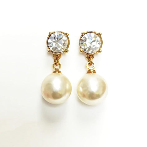 Elegant Crystal and Pearl Drop Earrings by KRAMIKE • 18K Gold-Plated • 10MM Pearl Jewelry.