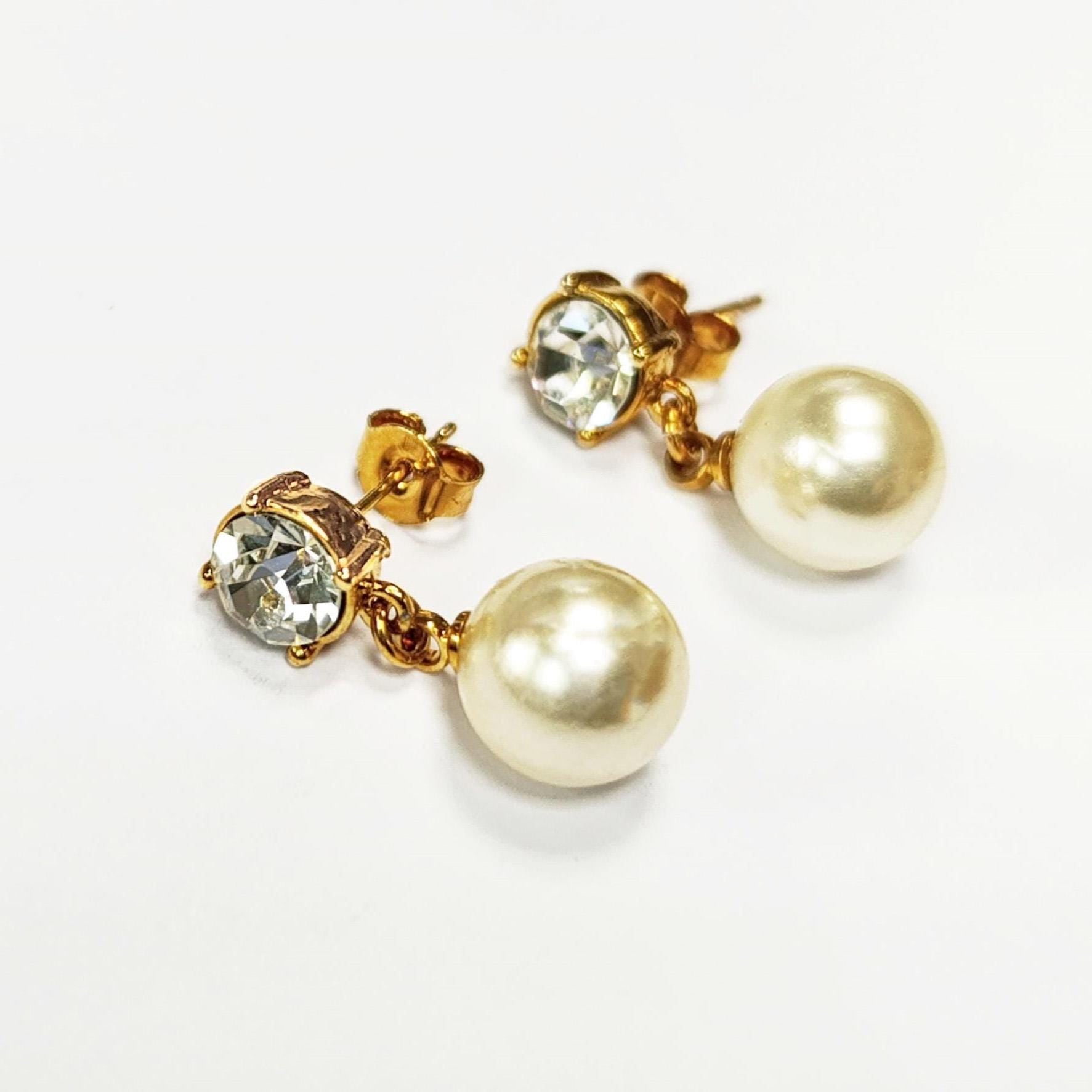 Elegant Crystal and Pearl Drop Earrings by KRAMIKE • 18K Gold-Plated • 10MM Pearl Jewelry.