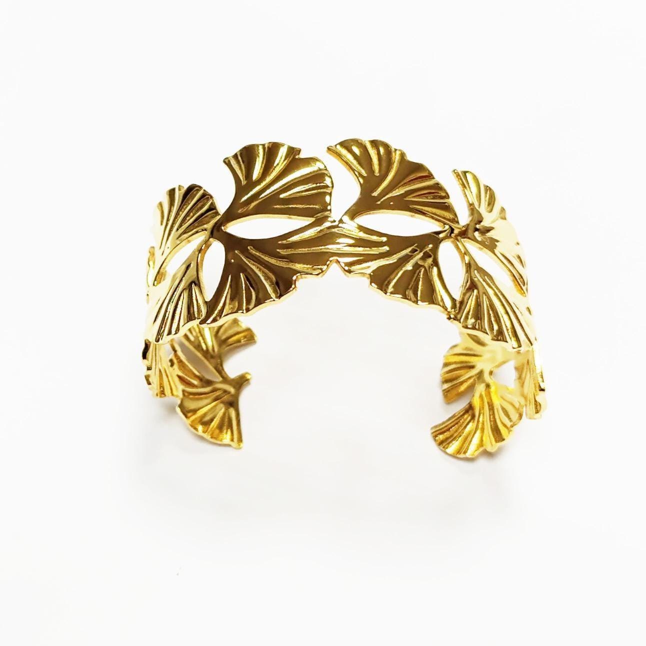 18K Gold Filled Ginkgo Leaf Cuff Bracelet • Nature Inspired Bangle