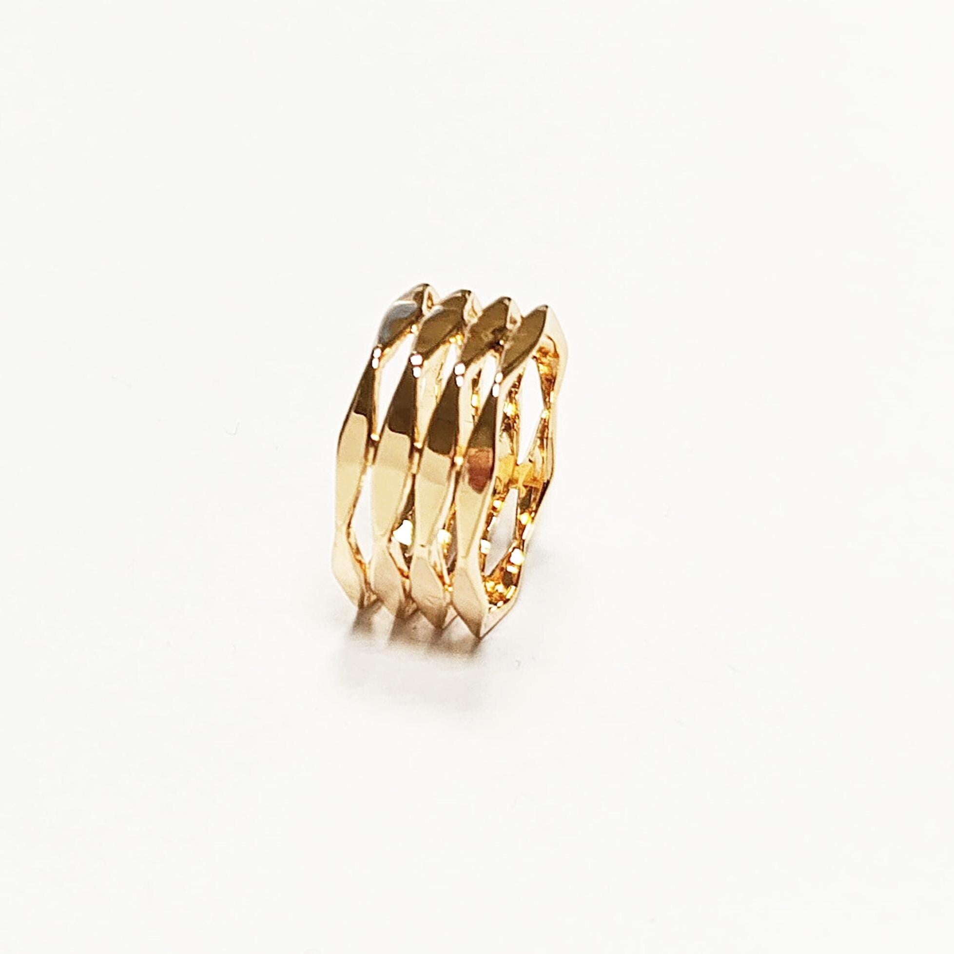 Hexagon Cuff Ring • 18K Gold Plated • Bold Geometric Diamond Faceted Chunky Large Band Ring • Unique Statement Modern Fashion Gift for Women