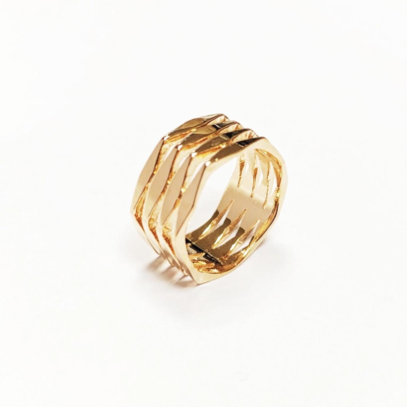 Hexagon Cuff Ring • 18K Gold Plated • Bold Geometric Diamond Faceted Chunky Large Band Ring • Unique Statement Modern Fashion Gift for Women