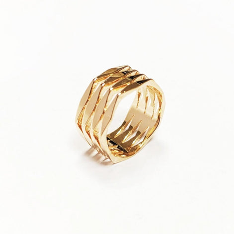 Hexagon Cuff Ring • 18K Gold Plated • Bold Geometric Diamond Faceted Chunky Large Band Ring • Unique Statement Modern Fashion Gift for Women