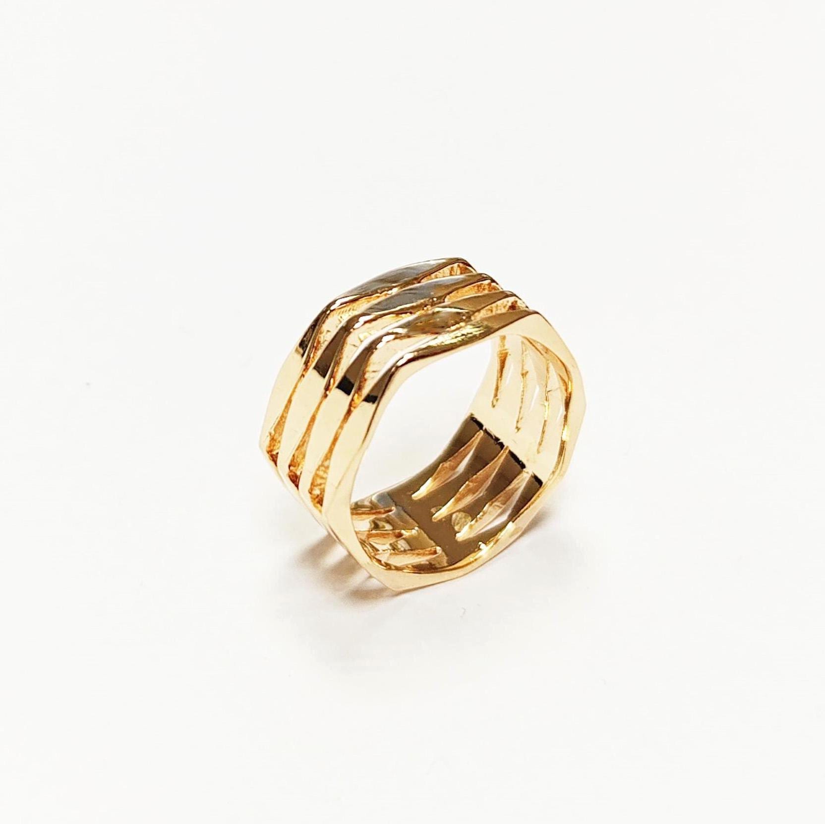 Hexagon Cuff Ring • 18K Gold Plated • Bold Geometric Diamond Faceted Chunky Large Band Ring • Unique Statement Modern Fashion Gift for Women