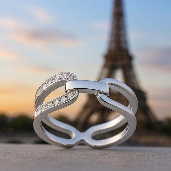 Sterling Silver Double Band Link Ring • Pavé CZ Statement Jewelry