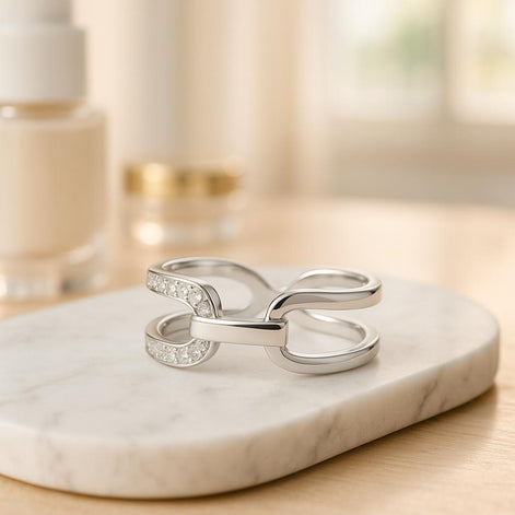 Sterling Silver Double Band Link Ring • Pavé CZ Statement Jewelry