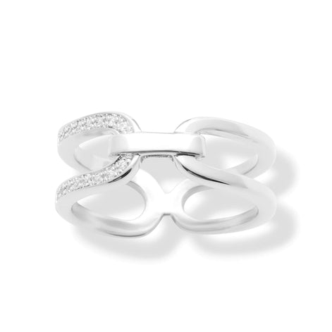 Sterling Silver Double Band Link Ring • Pavé CZ Statement Jewelry