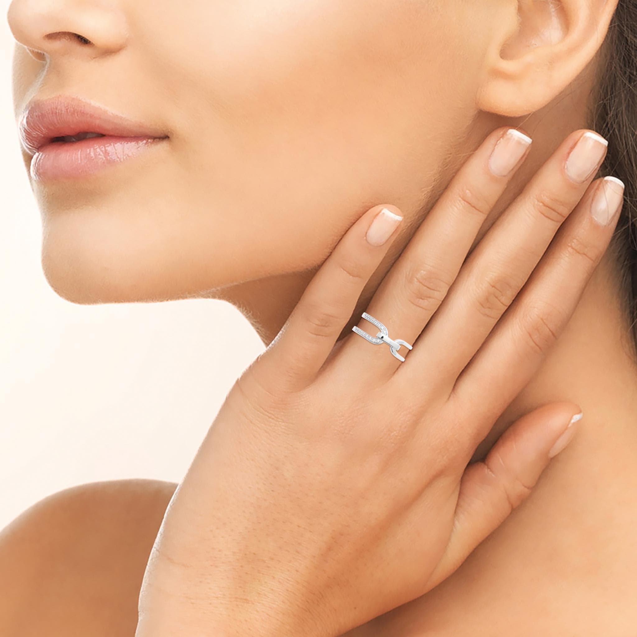 Sterling Silver Double Band Link Ring • Pavé CZ Statement Jewelry