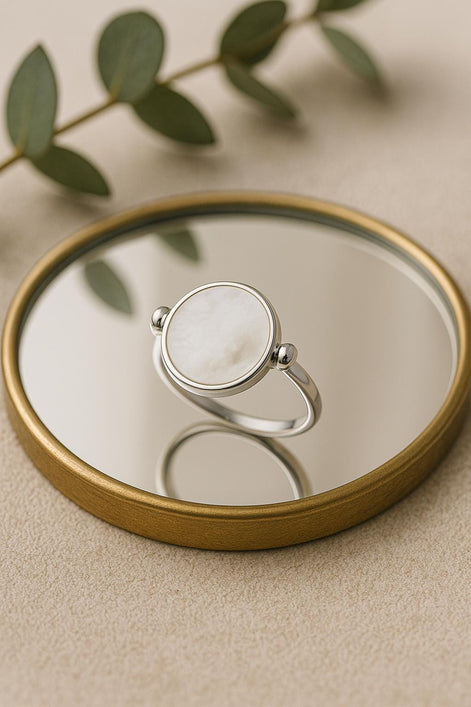 Sterling Silver Round Ring • Genuine Mother of Pearl Rotating Disc