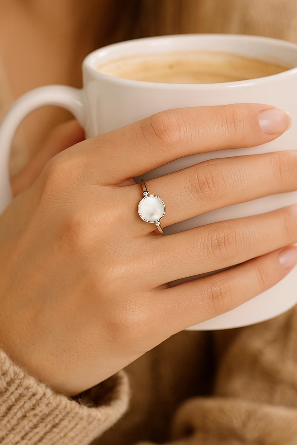 Sterling Silver Round Ring • Genuine Mother of Pearl Rotating Disc