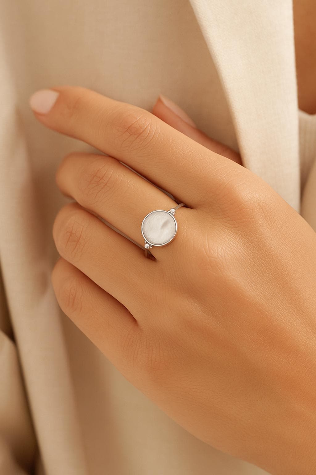 Sterling Silver Round Ring • Genuine Mother of Pearl Rotating Disc