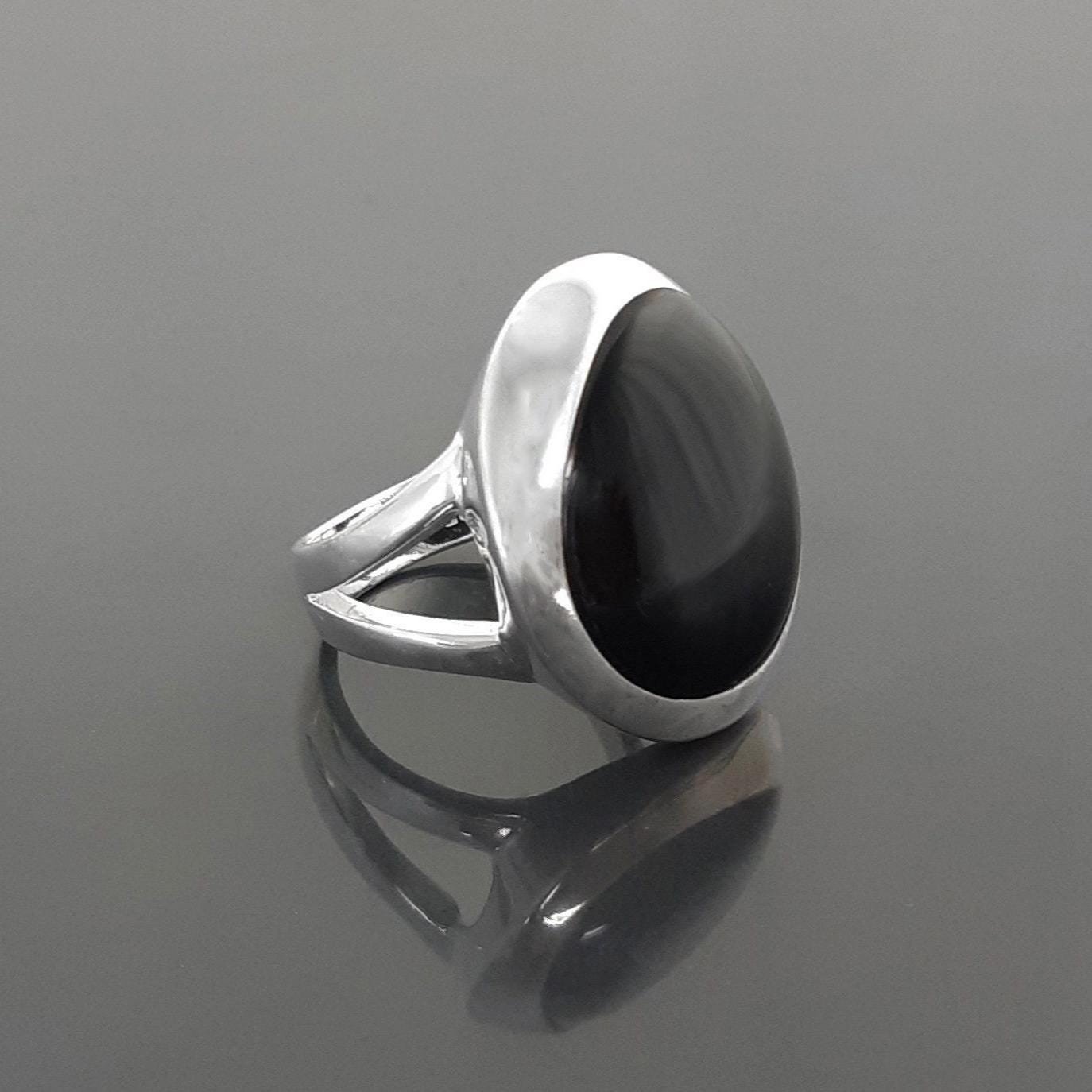 Black stone Ring, Sterling Silver, Genuine Black Onyx gemstone, unique modern shape design jewelry