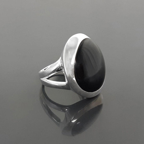Black stone Ring, Sterling Silver, Genuine Black Onyx gemstone, unique modern shape design jewelry