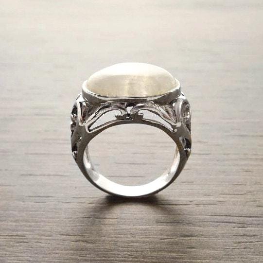 NATURAL Moonstone Ring, 925 Sterling Silver, White Moonstone Oval Domed Stone, Vintage Art Nouveau Design Jewelry, ROMANTIQUE Gift
