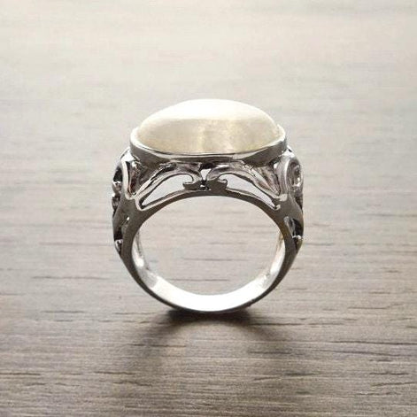 NATURAL Moonstone Ring, 925 Sterling Silver, White Moonstone Oval Domed Stone, Vintage Art Nouveau Design Jewelry, ROMANTIQUE Gift