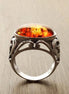 Amber Ring, Sterling Silver, Boho Vintage Design Jewelry, Horizontal Oval Stone, Genuine Amber Gemstone, open-work Lace Filigree Setting