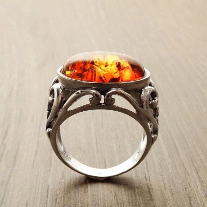 Amber Ring, Sterling Silver, Boho Vintage Design Jewelry, Horizontal Oval Stone, Genuine Amber Gemstone, open-work Lace Filigree Setting
