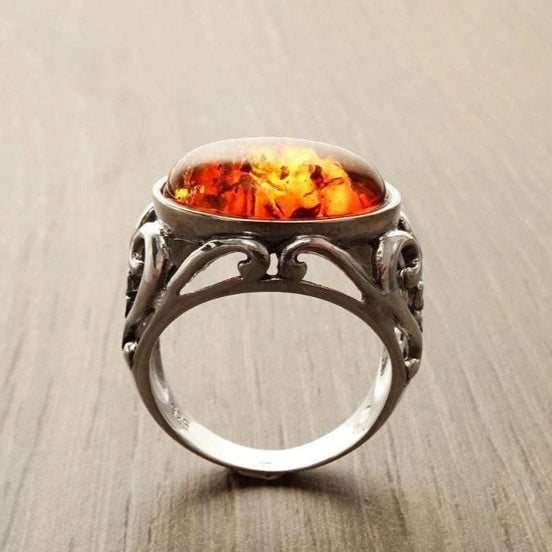 Amber Ring, Sterling Silver, Boho Vintage Design Jewelry, Horizontal Oval Stone, Genuine Amber Gemstone, open-work Lace Filigree Setting