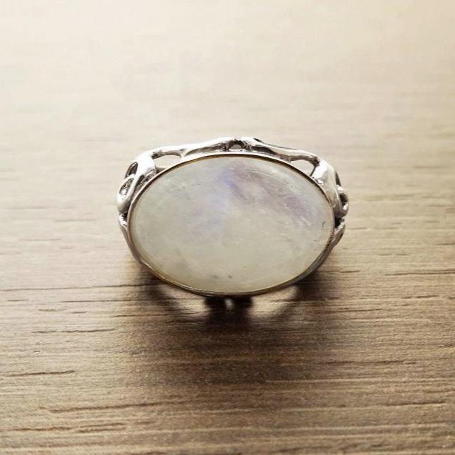 NATURAL Moonstone Ring, 925 Sterling Silver, White Moonstone Oval Domed Stone, Vintage Art Nouveau Design Jewelry, ROMANTIQUE Gift