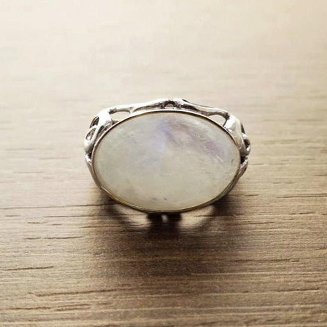 NATURAL Moonstone Ring, 925 Sterling Silver, White Moonstone Oval Domed Stone, Vintage Art Nouveau Design Jewelry, ROMANTIQUE Gift