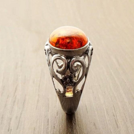 Amber Ring, Sterling Silver, Boho Vintage Design Jewelry, Horizontal Oval Stone, Genuine Amber Gemstone, open-work Lace Filigree Setting