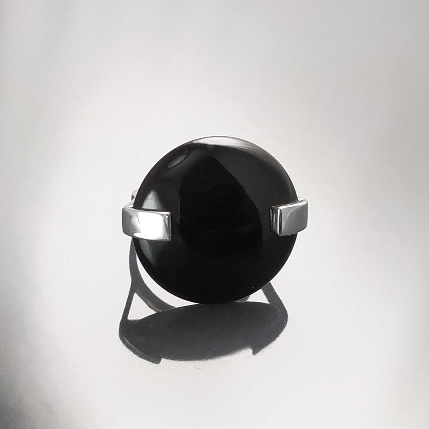 Round Black Ring, Sterling Silver, Statement Onyx Disc Gemstone, Modern Minimalist Jewelry, Domeded Round Stone Ring, Unique Designer Ring