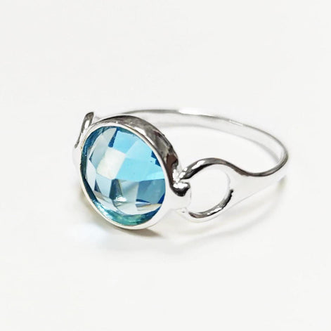 Blue Round Ring, Sterling Silver, Blue Aquamarine Color Stone (CZ), Faceted Round Cushion, Modern Ring, Unusual Original Setting,