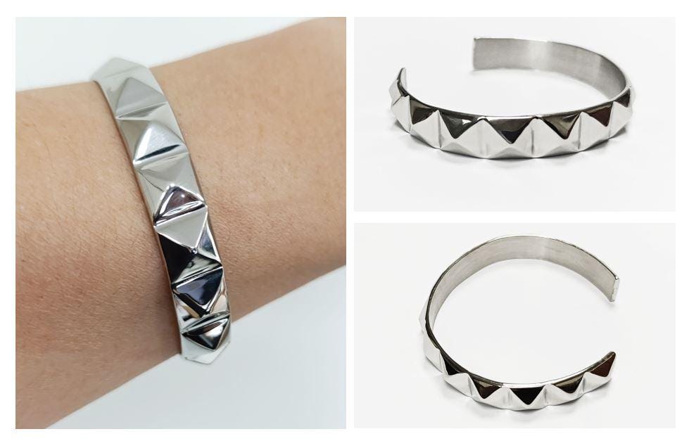 Stainless Steel Pyramid Stud Cuff Bracelet • 80s Punk Style