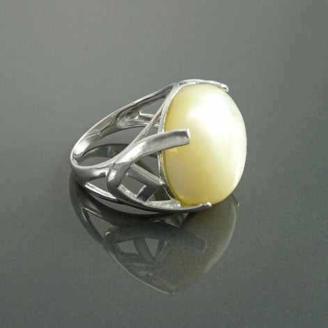 Modern Shell Ring, Sterling Silver, GENUINE Round White Mother of Pearl, Unique Designer Ring, Pearl Jewelry, Original Stone Ring