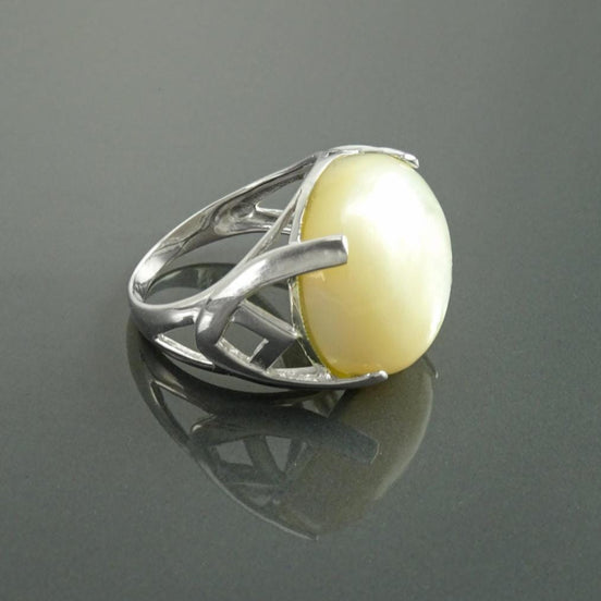 Modern Shell Ring, Sterling Silver, GENUINE Round White Mother of Pearl, Unique Designer Ring, Pearl Jewelry, Original Stone Ring