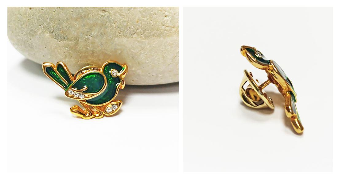 Green Enamel Sparrow Pin • Gilding Gold Bird Brooch