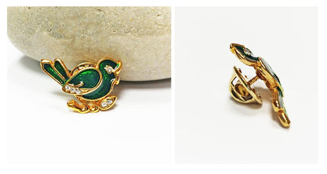 Green Enamel Sparrow Pin • Gilding Gold Bird Brooch